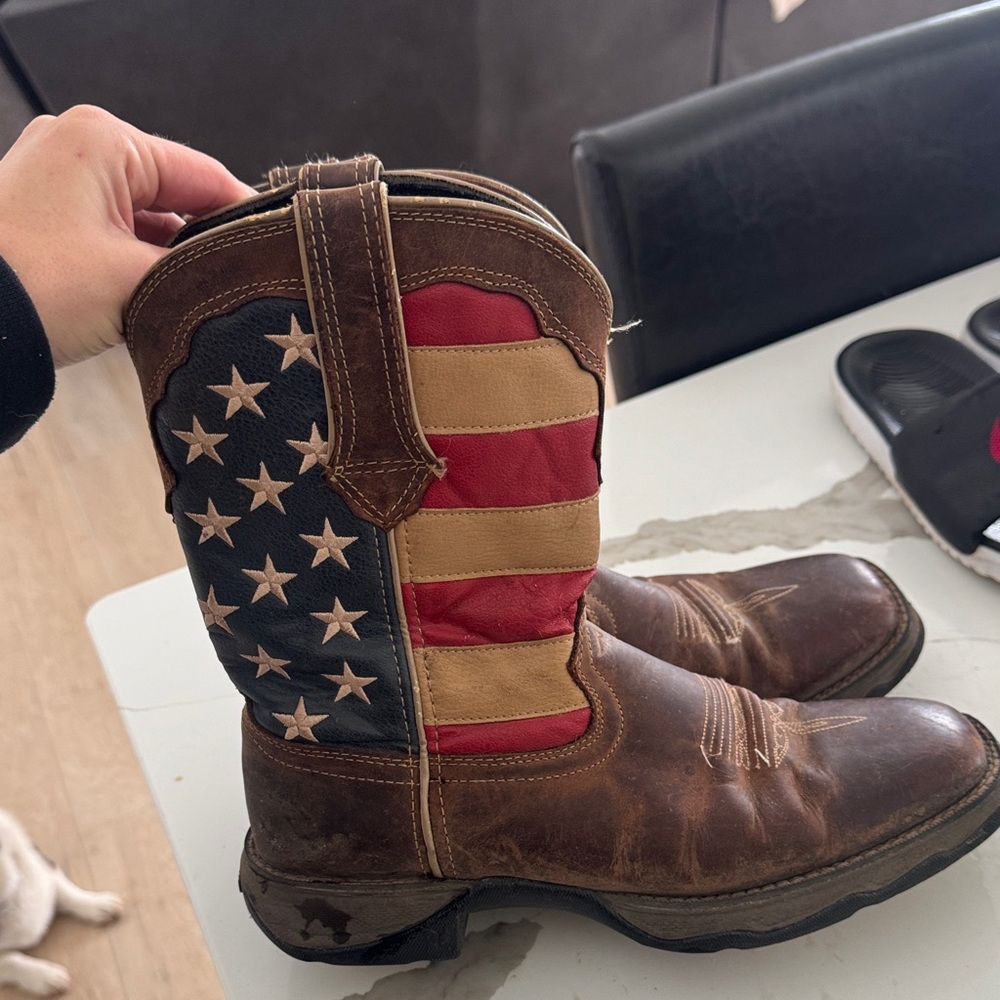 Durango Brown Leather Cowboy Boots with Red & Blue Star-Striped Shaft